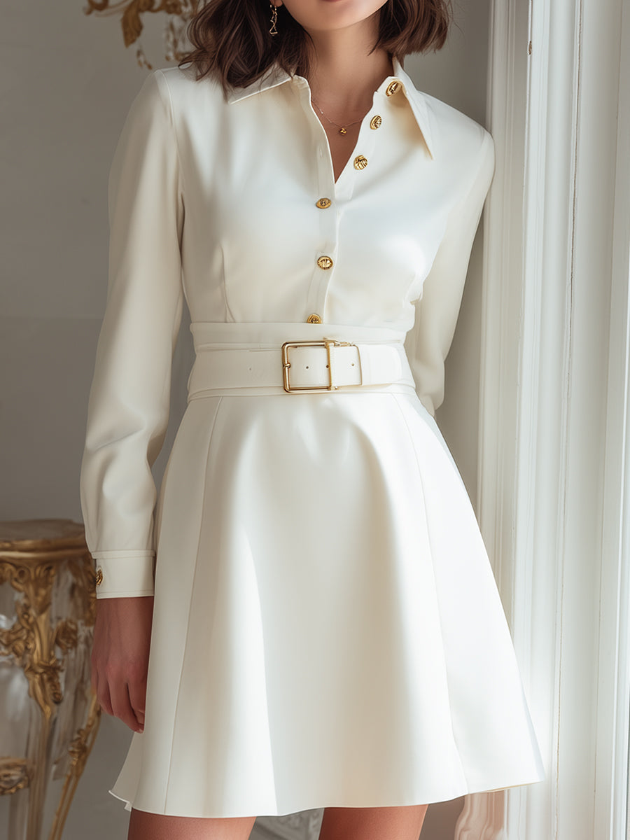 White Belted Shirt Dress With Gold Button Detailing – Crovaya