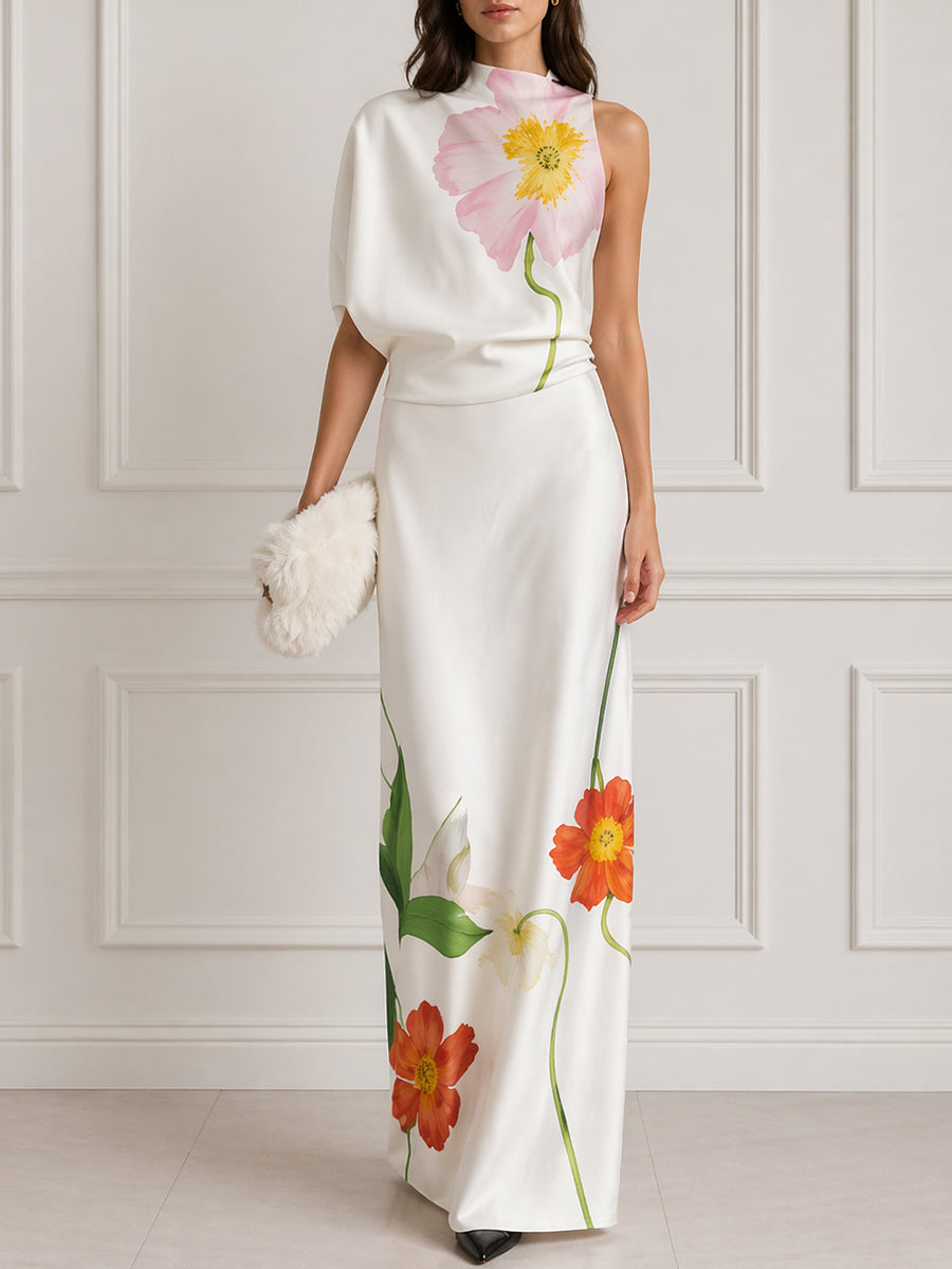 Asymmetric One-Shoulder Floral Print Maxi Dress – Crovaya