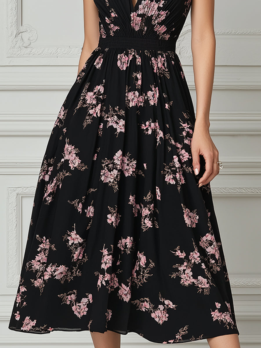 Black Pink Floral Halter Neck Keyhole Midi Dress – Crovaya