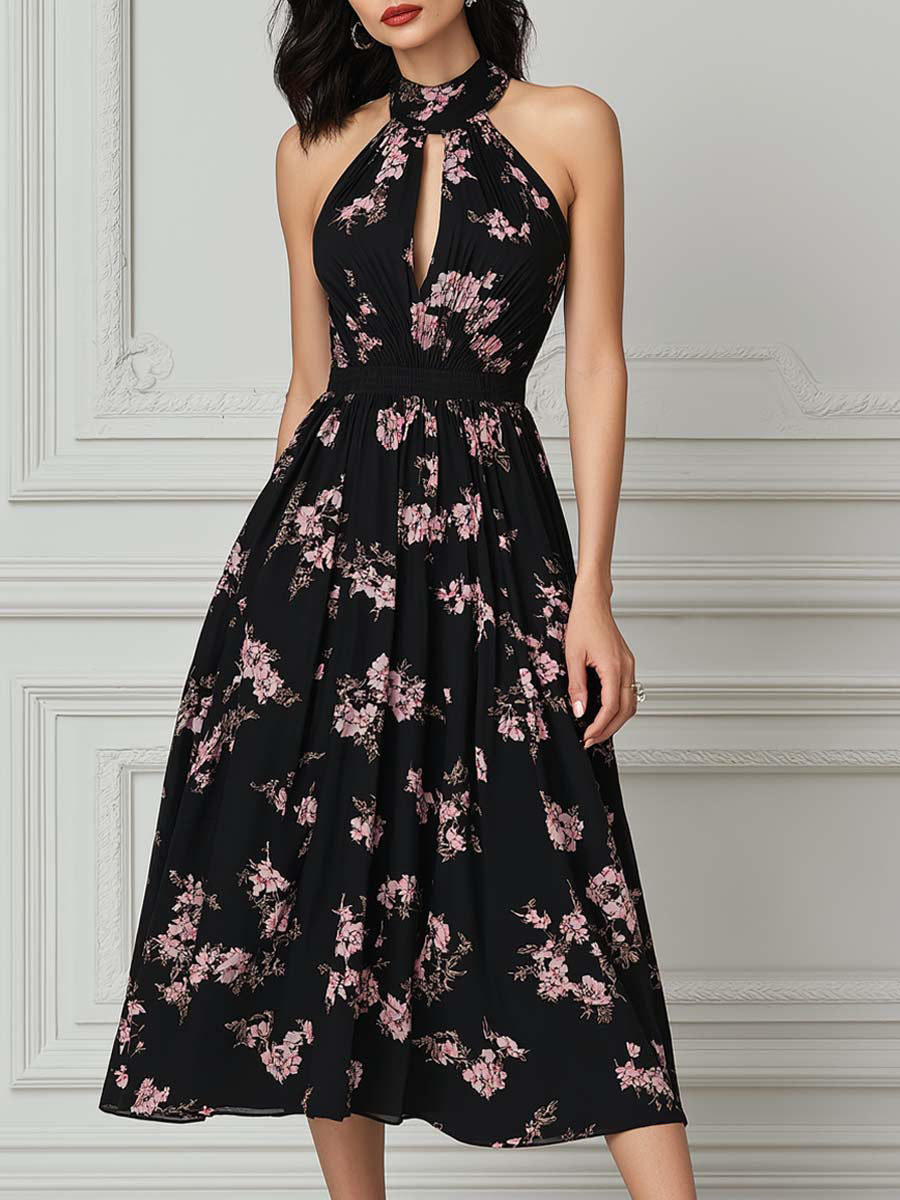 Black Pink Floral Halter Neck Keyhole Midi Dress – Crovaya