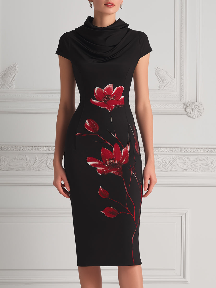 Black Cowl Neck Red Floral Print Bodycon Midi Dress – Crovaya