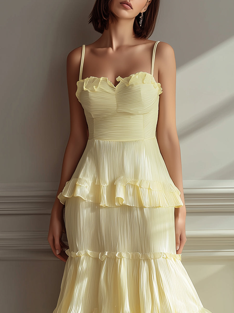 Lemon Yellow Ruffled Tiered Chiffon Cami Maxi Dress – Crovaya