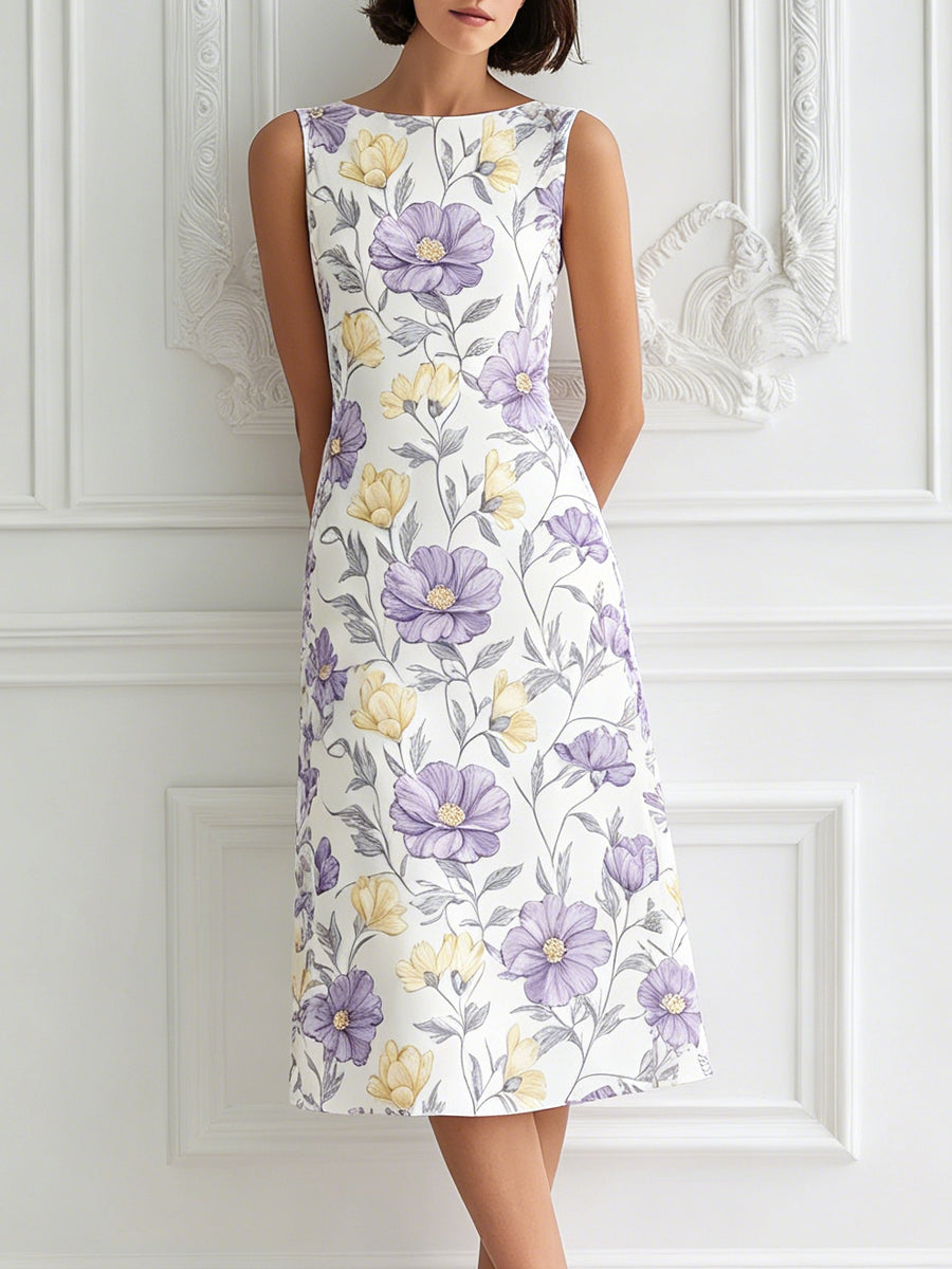 Elegant Lavender & Yellow Floral Print Sleeveless Midi Dress – Crovaya