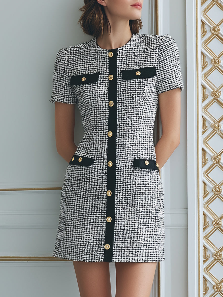 Black & White Tweed Mini Dress With Gold Buttons – Crovaya Black & White Tweed Mini Dress With Gold Buttons – Crovaya