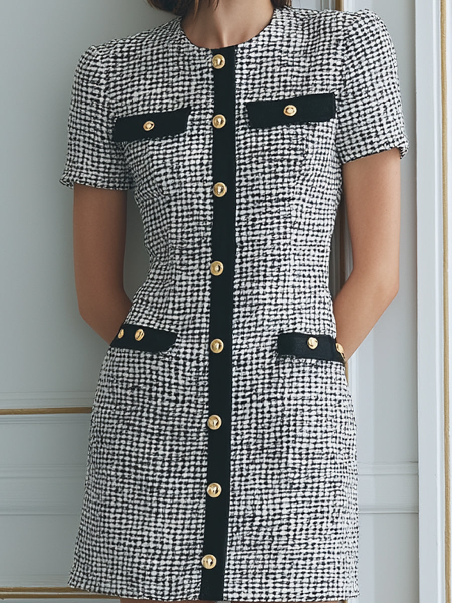 Black & White Tweed Mini Dress With Gold Buttons Crovaya Black & White Tweed Mini Dress With Gold Buttons Crovaya