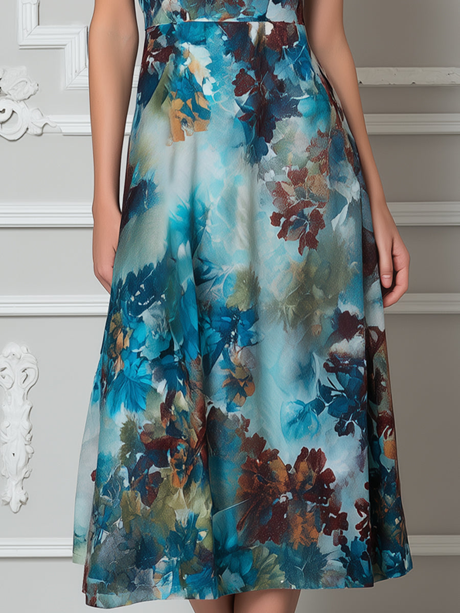 Artistic Watercolor Blue Floral Cap Sleeve Midi Dress – Crovaya