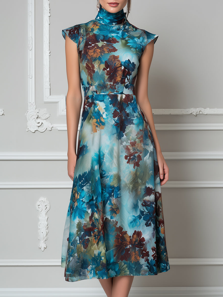 blue floral cap sleeve dress Artistic Watercolor Blue Floral Cap Sleeve Midi Dress – Crovaya