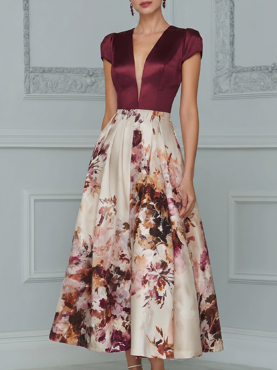 fit and flare midi floral dresses for women Burgundy Floral Deep V Fit-and-Flare Midi Dress – Crovaya