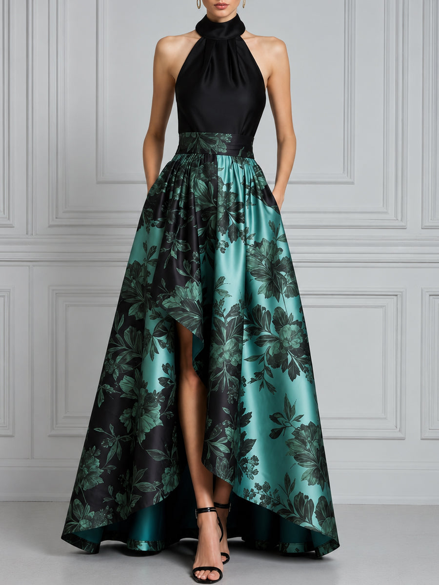 Black & Teal Floral Print Halter Neck High-Low Evening Gown – Crovaya Black & Teal Floral Print Halter Neck High-Low Evening Gown – Crovaya