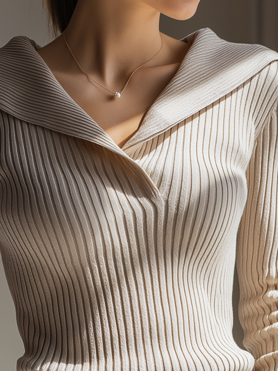 Beige Ribbed Knit Sailor-Collar Top – Crovaya